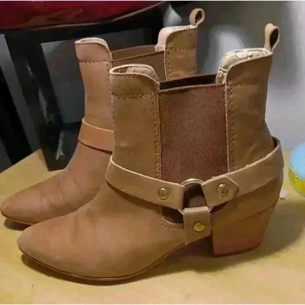 ERAM‎ Tan Ankle Leather Boots With A Metal Buckle Almond Toe Size Size 38/7½ - Picture 3 of 6